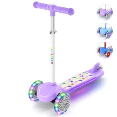 Image of TONBUX 3 Wheel Tri Scooter, Easy Folding System, Height Adjustable Handlebars, Tilt To Turn Steering, Kids Aged 3+ Years (Purple)