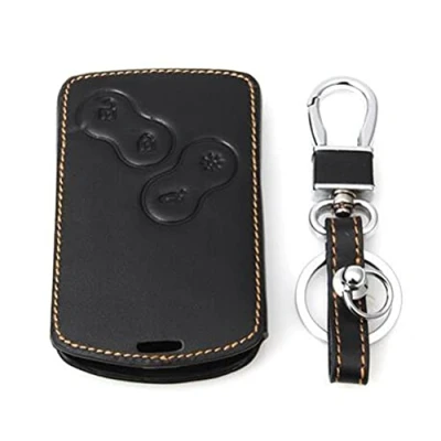 Image of Happyit Leather Car Smart Key Cover Case Keychain for Renault Clio Scenic Megane Duster Sandero Captur Twingo Koleos 4 Buttons Remote Control (Brown line)