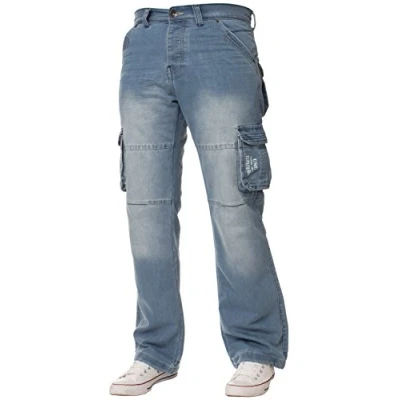 Image of Enzo Mens Work Cargo Combat Black Denim Jeans Pants Trousers Waist Sizes 28 48 (36W x 32L, Light Stonewash)