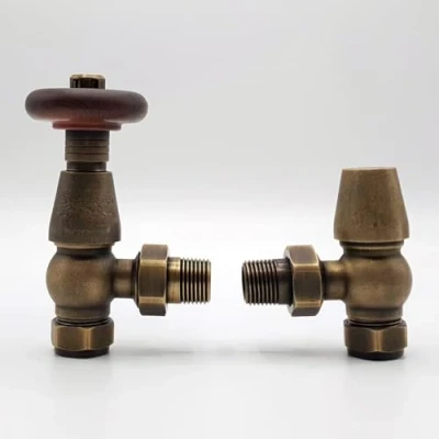 Image of Lux Heat Angled Antique Brass Traditional Thermostatic Radiator Valve (TRV) Set