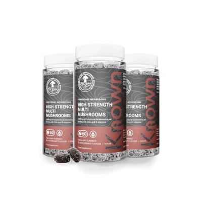 Image of High Strength Multi Mushrooms Gummies by Known Nutrition with Lion’s Mane, Reishi &amp; Chaga, Maitake, Cordyceps, Tremella Natural Blackcurrant Flavour 60 Vegan (90 Day Supply)
