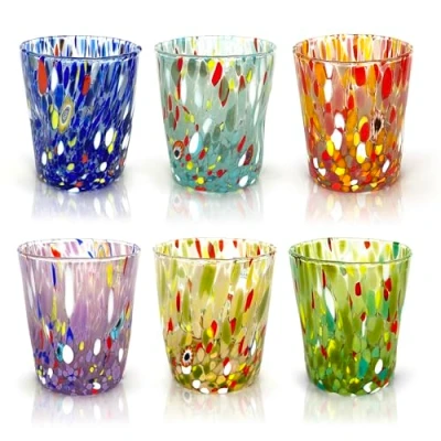 Image of MAZZEGA ART &amp; DESIGN 6 Goto Tumbler Glasses in Glass Blown and Hand Crafted with Murrine Murano I Colori di Water Colombina 350 ml. Made Italy (6, Mix)
