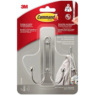 Image of Command 3M 17036 Polished Nickel Large Double Hook, 1 Strip