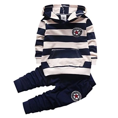 Image of Shiningup Baby Boys Long Sleeve Hooded Striped T Shirt and Pants, Blue, 0 12 Months