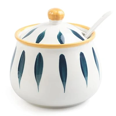 Image of mehrido Porcelain Sugar Bowl with Lid and Spoon, 430ml Ceramic Container for Kitchen Home, Farmhouse Jars Coffee Bar (Leaf)