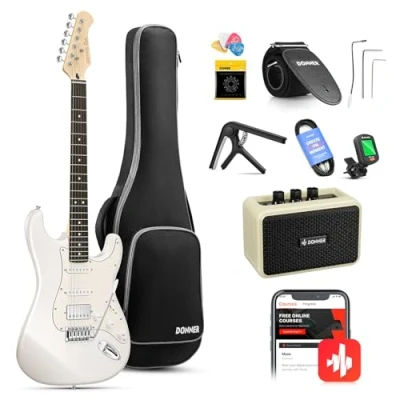 Image of Donner Electric Guitar Kit, Full Size 39 Inch Solid Body E Set with Amplifier, Bag, Capo, Strap, String, Tuner, Cable and Picks (Polar White)