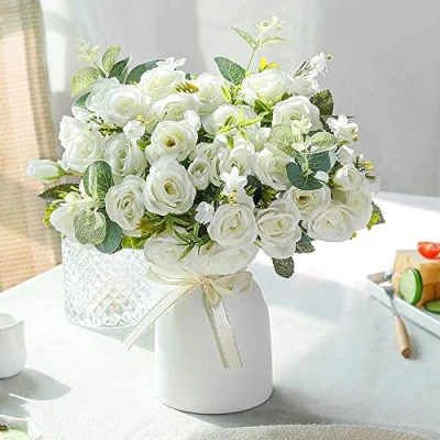 Image of LESING Artificial Silk Rose with Vase Fake Flowers Wedding Bouquets Arrangement Home Office Party Centerpiece Table Decoration (White)