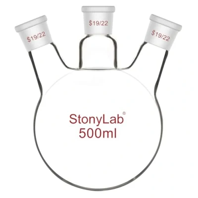 Image of stonylab Borosilicate Glass Heavy Wall 3 Neck Round Bottom Flask RBF, with 19/22 Center and Side Standard Taper Outer Joint, 500 mL