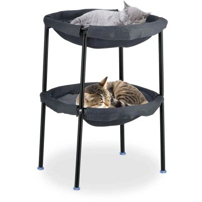Image of Relaxdays Cat Hammock Bed, Freestanding, 2 Tiers, Raised Perch, HWD: 59x41x43 cm, Mesh, Double Pet Lounger, Grey/Black, Steel, Polyester