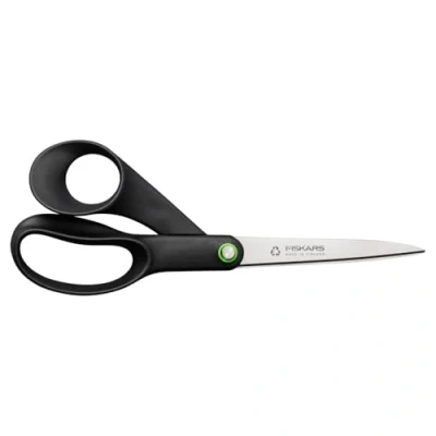Image of Fiskars Renew 21cm Universal Scissors Sharp Everyday Shears for Crafts, Paper, Material, Recycled Stainless Steel Blade &amp; Ergonomic Handle Black
