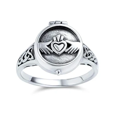 Image of BFF Celtic Irish Friendship Couples Promise Heart Memorial Keepsake Claddagh Locket Ring For Men Women Oxidized .925 Sterling Silver