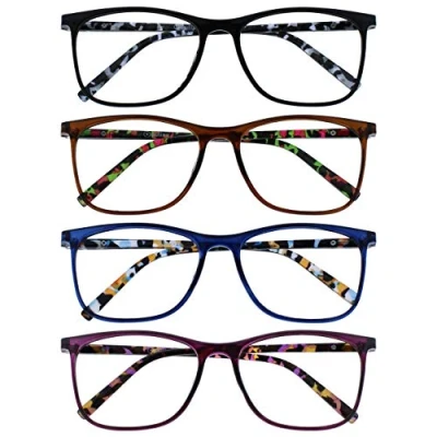 Image of OPULIZE Arc Reading Glasses 4 Pack Stylish Slim Square Frame Spring Hinges Scratch Resistant Black Brown Blue Purple Patterned Arms Mens Womens RRRR66 1235 +3.50