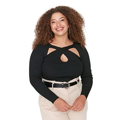 Image of Trendyol Women&#039;s V Neck Plain Bodycon Plus Size Sweater Sweatshirt, Black, 4XL