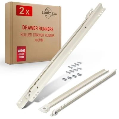 Image of LouMaxx Drawer Runners 400 mm 2 Pack (1 Pair) White Runner Slide System with Partial Extension Smooth Sliders in Cream