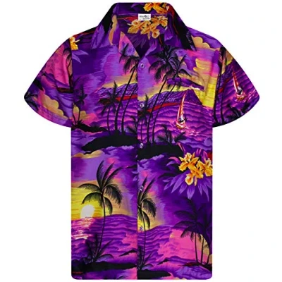 Image of King Kameha Men JK Surf Ugly Shirt Regular Button Down Short Sleeve Hawaii Shirt, Surf, Purple, L