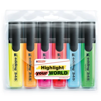 Image of edding 345 highlighter set of 6 chisel nib 2 5 mm ideal for bright markings and highlighting text passages notes