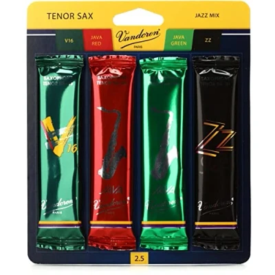 Image of Vandoren SRMIXT25 Tenor Sax Jazz Reed Mix Card includes 1 each ZZ, V16, JAVA and Red Strength 2.5