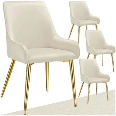 Image of TecTake® Set of 4 Dining Chairs with Soft Covers in Velvet Look, Thickly Padded Armchair Ergonomic Design &amp; Sturdy Steel Legs, Ideal as Kitchen Chairs, Living Room Armchairs Beige