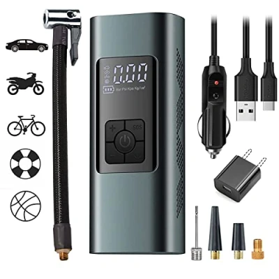 Image of Tyre inflator Portable Air Compressor for Car Tyres 12 Volt Electric Pump Rechargeable 6000mA 150PSI with Pressure Gauge Auto Off Bike Balls, Power Bank &amp; SOS