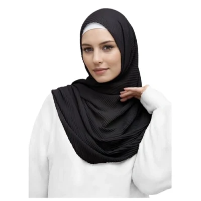 Image of Lina &amp; Lily Premium Cotton Pleated Hijab for Muslim Women, Maxi Head Scarf Shawl Wrap Lightweight (Black)