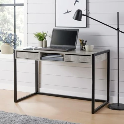 Image of Home Source Toronto Office Workstation 2 Drawer Shelf Storage PC Computer Desk, Metal, Grey, 120cm