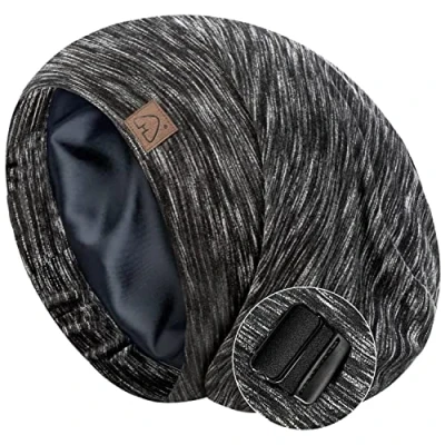 Image of Hat Hut Silk Satin Sleep Cap Bonnet Hair Cover for Sleeping Lined Beanie Natural Curly Adjustable Night (Heather Black)