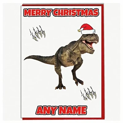 Image of AK Giftshop Personalised T Rex Dinosaur Themed Christmas Card