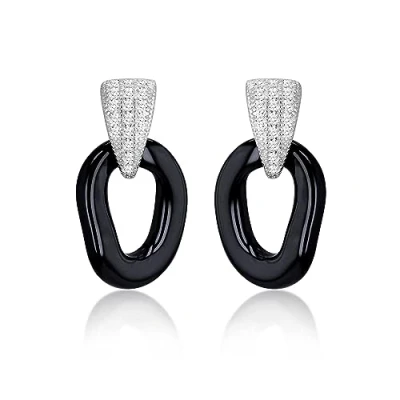Image of Tuscany Silver Women&#039;s Sterling Rhodium Plated Black Ceramic Cubic Zirconia Teardrop Earrings