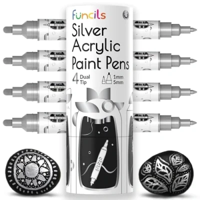 Image of 4 Acrylic Metallic Silver Paint Pen (Dual Tip) Fine Tip &amp; Medium, Marker for Rock Painting, Canvas, Wood, Glass, Fabric, Metal and Plastic Water based Ink