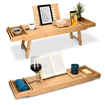 Image of Navaris Bed and Bath Tray Wooden Rack with Folding Legs Bamboo Bathtub Caddy Bridge Shelf Book or Tablet Stand Natural Brown