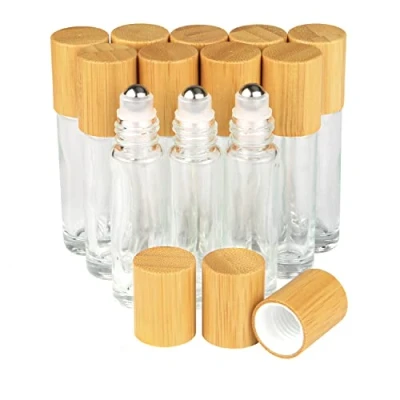 Image of Clear Refillable Glass Empty Roll On Bottles Roller Bottle,10ml Bamboo Bottle For Essential Oils Perfume Sample With Stainless Steel Ball &amp;Bamboo Cap,12pcs
