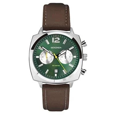 Image of Sekonda Airborne Men’s 40mm Quartz Watch in Black with Analogue Display, and Brown Leather Strap 30029