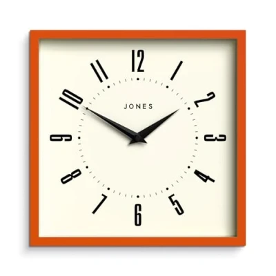 Image of Jones Clocks® Box wall clock Retro square 25cm Orange Easy to read numbers Perfect kitchen or office