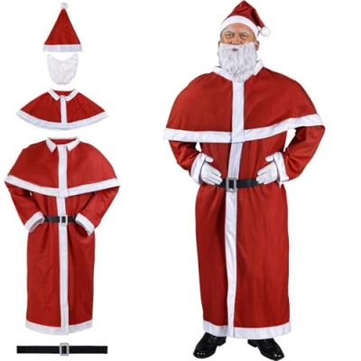 Image of DETEX® 5 Piece Santa Claus Costume Set Father Christmas Fancy Dress Outfit Adult Size M XXL Suit Men Women Xmas Outfits Beard Belt Hat Cape Coat