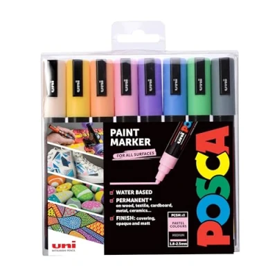Image of POSCA PC 5M Permanent Marker Paint Pens. Medium Bullet Tip for Art &amp; Crafts. Multi Surface Use On Wood Metal Paper Canvas Cardboard Glass Fabric Ceramic Rock Pebble Porcelain. Set of 8 Pastel Colours