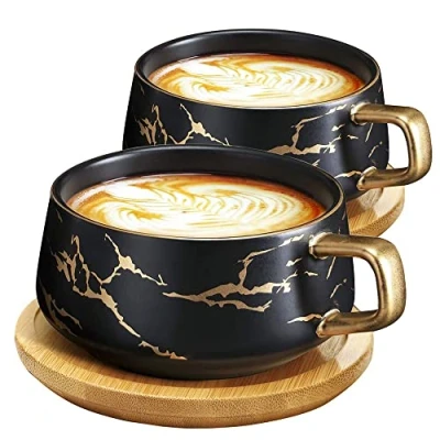 Image of VETIN 2 x Cappuccino Cups with Saucer, Marble Cup, 300 ml Porcelain Espresso for Tea, Coffee, Cappuccino, Coffee Wooden Disc (Black 2)