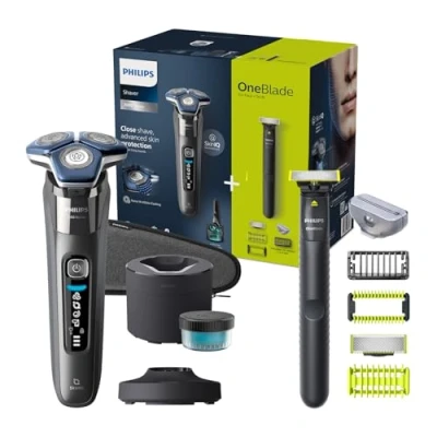 Image of Philips Shaver Series 7000 Wet &amp; Dry Electric with SkinIQ Technology in Dark Chrome Pop up Trimmer, Quick Cleaning pod and Cartridge, One Blade (Models S7887/78 QI1864/20)