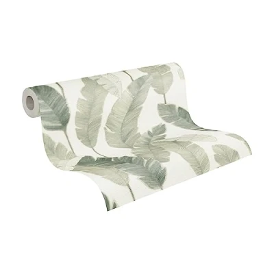 Image of Livingwalls Travel Styles Non Woven Wallpaper Botanical in White and Green Tropical for Various Rooms 10.05 m x 0.53