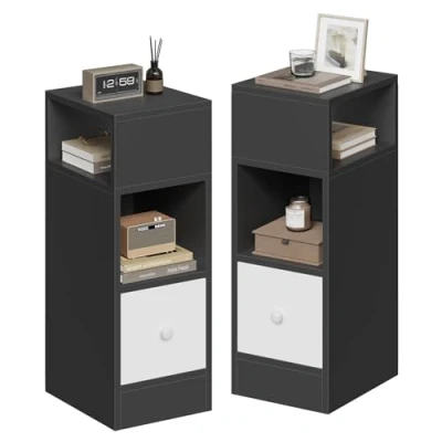 Image of EUGAD Set of 2 Bedside Table, Nightstand with Open Compartments and 1 Drawer, Night Space Saving Cabinet for Bedroom, Living Room, Chipboard, 25x30x66cm,Dark Gray, 0010CTG