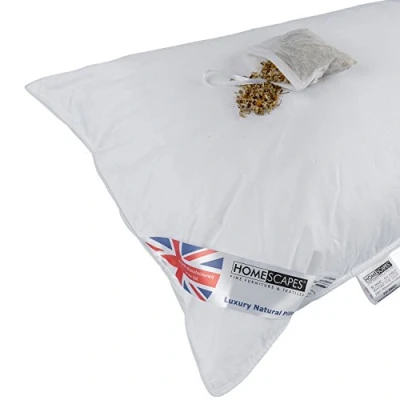 Image of HOMESCAPES Goose Feather and Down Camomile Pillow Infused with Dried Chamomile Calming &amp; Relaxing Natural Aromatherapy Scented to Ease Insomnia Single RDS Certified.