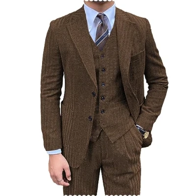 Image of Mens Suit 3 Pieces Formal Tweed Herringbone Slim Fit Prom Tuxedos Groomsmen(L,Brown)