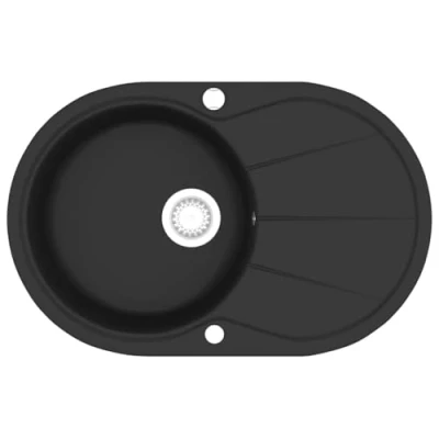 Image of vidaXL Granite Kitchen Sink Single Basin, Scratch &amp; Impact Resistant, Heat Easy to Clean, Reversible Design with Basket Strainer, Black