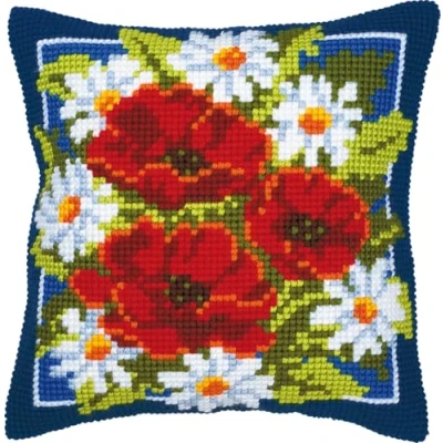 Image of Vervaco Poppies in Blue Background Cross Stitch Cushion, Multi Colour