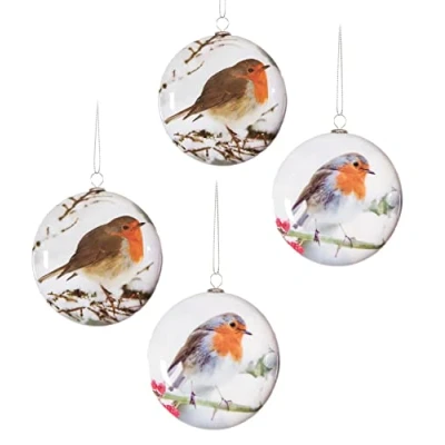 Image of Set of 4 Disc Baubles 80mm Tree Decoration Robin 1508