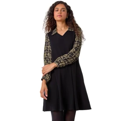 Image of Roman Originals Contrast Animal Print Swing Dress for Women UK Ladies Everyday Holiday Autumn Winter Pull On V Neck Long Sleeves Comfy Soft Vacation Work Khaki Size 18