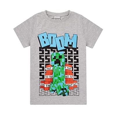 Image of Minecraft T Shirt Boys Kids Charged Creeper Character Short Sleeve Grey Top Children&#039;s TNT Boom Explosive Merchandise 9 10 Years