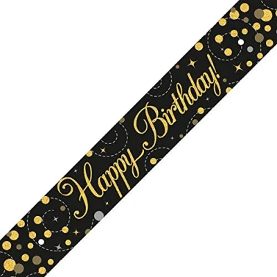 Image of 9ft Banner Sparkling Fizz Happy Birthday Black &amp; Gold Holographic