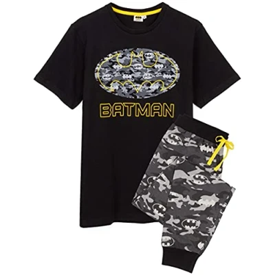 Image of DC Comics Batman Pyjamas For Men Short OR Long Leg Bottom Options Camo PJS Adults Superhero Black T Shirt &amp; Adjustable Drawstring Loungepants Gift