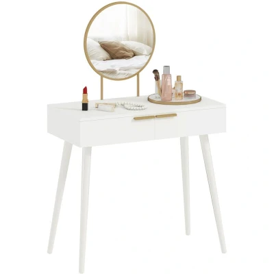 Image of HOMCOM Modern Dressing Table with Round Mirror, Makeup Vanity 2 Drawers for Bedroom, Living Room, White