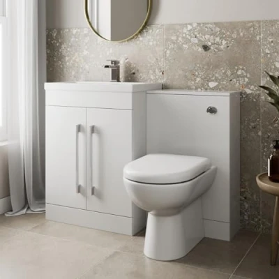 Image of AURORA® 1100mm Combination Vanity Unit Furniture Set, Wash Basin Bathroom Sink, BTW Toilet Pan &amp; Soft Close Seat, Storage Cabinet, Reversible, White Gloss